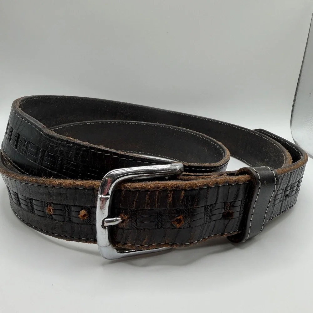Vintage Black Leather Embossed Belt Size 50 Distressed White Stitch Workwear